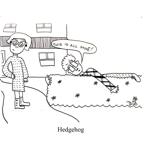 In this pun on hedgehog, instead of a cute animal, we see a person hogging the hedge. 