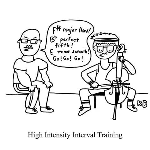 In this pun on high intensity interval training, an athletic gym trainer yells musical intervals at a cellist for him to play on his cello. 