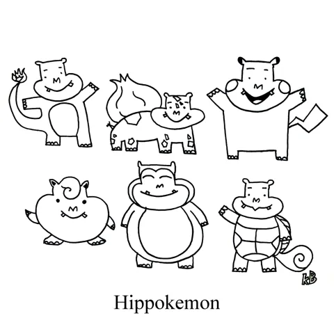 In this hippo themed pokemon pun, we see various pokemon (Jigglepuff, Charzard, Squirtle, Picachu) as hippos. 
