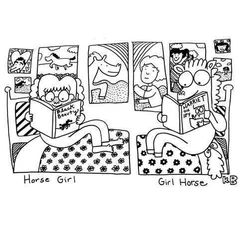In this comparison cartoon, we see a horse girl (a girl who loves everything about horses) in front of horse posters reading Black Beauty, next to a Girl horse, which is a horse that loves girls - who is reading Harriet the Spy. 