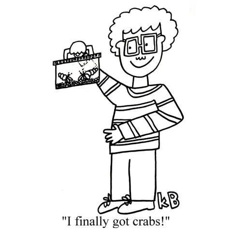 In this pun on the phrase "I have crabs," we see someone who is thrilled to have gotten crabs - of course, they are adorable pet hermit crabs. 