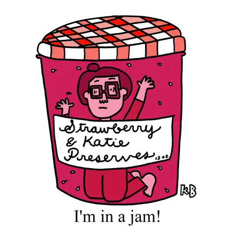 In this pun on the phrase, "I'm in a jam!" we see someone literally being jellied in a jar a strawberry preserves. 