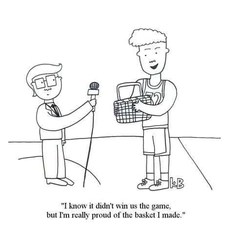A tall basketball player talks to a courtside reporter and tells him he is really proud of the basket he made, as he holds a handmade whicker basket.