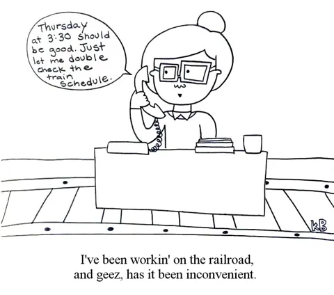 We see a person workin' on the railroad, but they are doing office work at a desk.  I've seen enough Rocky and Bullwinkle to know this is probably a bad idea.