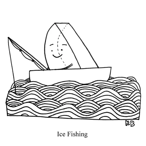 In this pun on ice fishing, we see an ice cube doing some fishing. 