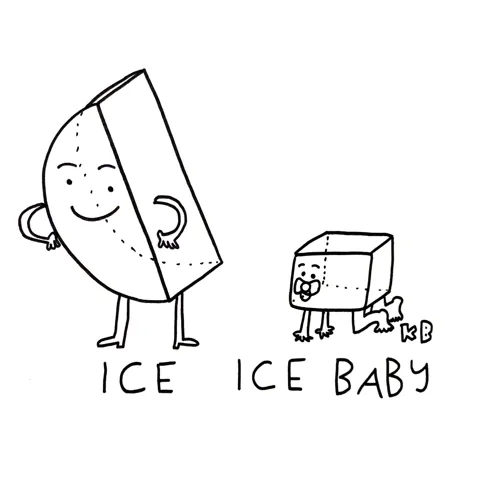 We see an ice cube, next to an ice cube baby. This is a pun on the Vanilla Ice song, Ice Ice Baby. 