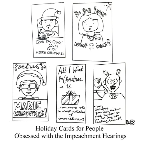Some (first) impeachment of Trump themed holiday cards.