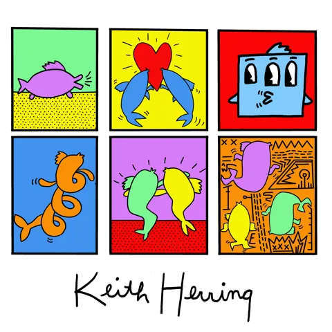 A pun of Keith Haring, except instead of the iconic man outlines, they are outlines of herring fish. 