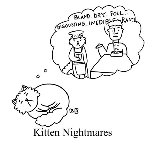 In this play on the reality show Kitchen Nightmares, a kitten dreams that Gordon Ramsay is calling his cat food disgusting, foul, and inedible. 