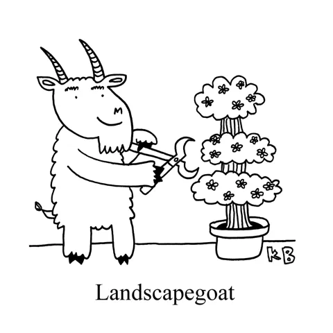 In this pun on scapegoat, a goat uses landscaping clippers to trim a topiary. 