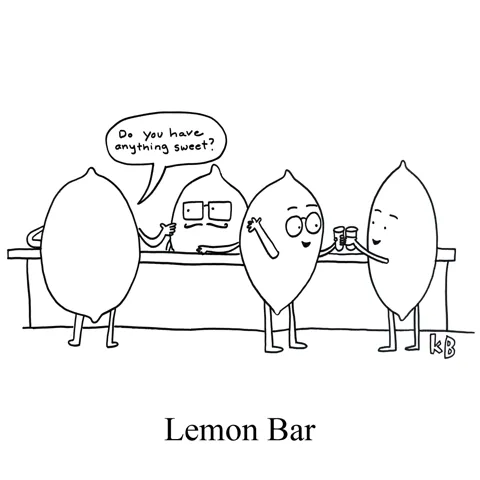 Some lemons revel at the bar while a lemon bartender serves drinks. 
