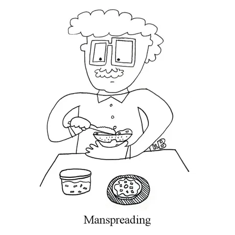 In this pun on manspreading, we see a man spreading... cream cheese on a bagel.