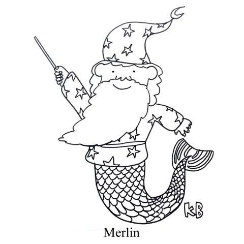 In this play on mermaids being half fish, we see Merlin, the wizard from The Sword in the Stone, who, because his name starts with mer-, is clearly half wizard, half fish. 