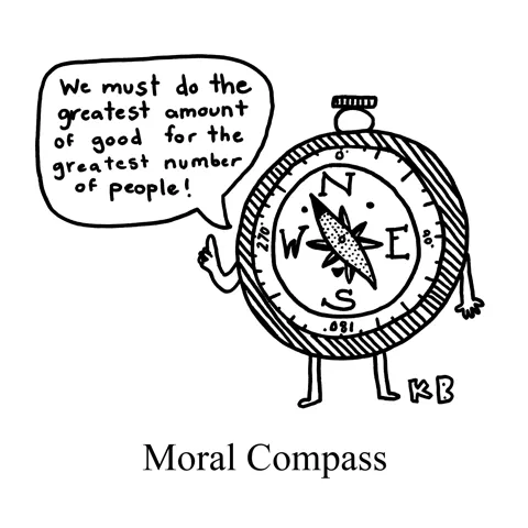 A navigational compass suggests, "We must do the greatest amount of good for the greatest number of people!" 