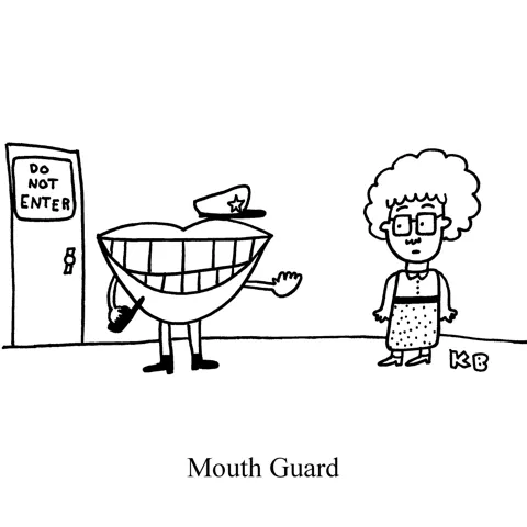 In this pun on mouth guard, we see a mouth with a walkie talkie acting as a bouncer. 