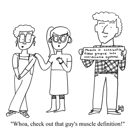 In this pun on muscle definition, two gals check out a guy who is holding up a sign with the definition of muscle on it ("Muscle is contractile tissue group into coordinated systems"). One woman says to the other, "Check out that guy's muscle definition!"