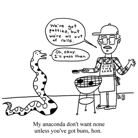 In this pun on a line from Sir Mix-a-Lots hit song "Baby Got Back," an anaconda attends a cook out. When the chef says he is out of buns and they just have patties, the snake declines food. 