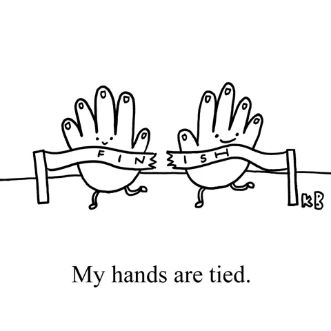 Two anthropomorphic hands run across a finish line at the same time. 