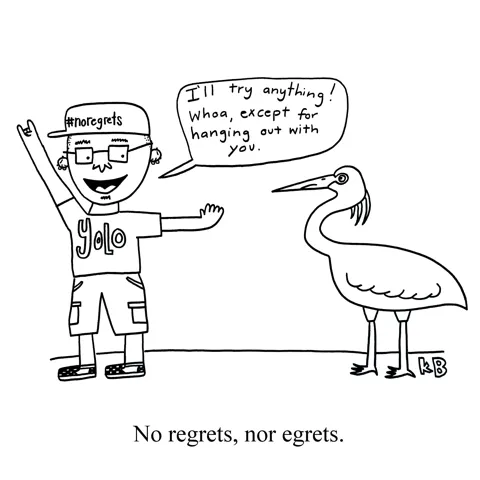 A guy in a Yolo shirt and a No Regrets hat says, "I will try anything! Whoa, except for hanging out with this bird." The egret next to him looks upset. 