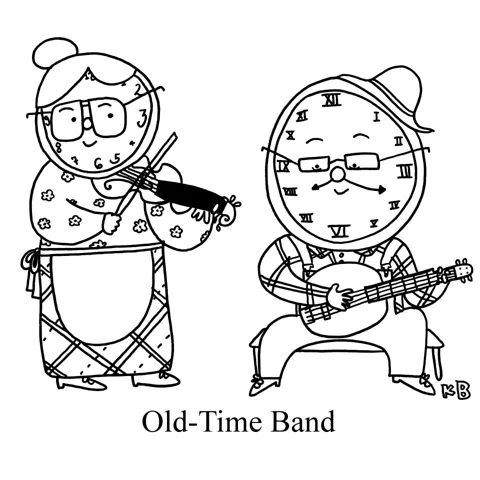 In this pun on old-time band, two elderly clocks play some tunes on fiddle and banjo. 