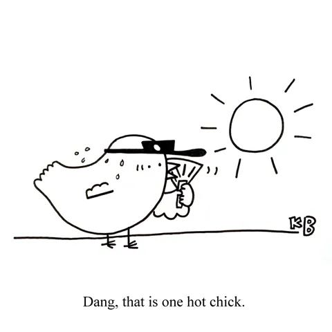 In this pun on hot chick, we see a little sweating chicken under the beating hot sun who is wearing a visor and voraciously fanning herself.