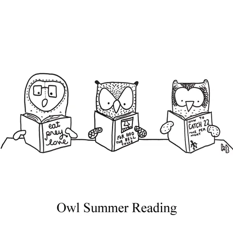 Three owls read punny book titles for summer reading - "Eat Prey Love" (Elizabeth Gilbert's Eat Pray Love), "Who Hoo the Bell Tolls" (For Whom the Bell Tolls by Ernest Hemingway), and "How to CATCH 22 Mice per night" (Catch 22 by Joseph Heller)