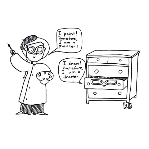 In this comparison cartoon, we see a person in a beret and smock with a paint brush and palette. She says, "I paint! I'm a painter!" Next to her, we see a dresser (the furniture) with a drawer pulled out, which says, "I draw! Therefore I am a drawer!" 