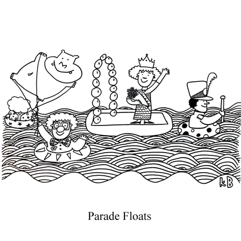 In this pun on parade floats, we see a parade floating in the water. 