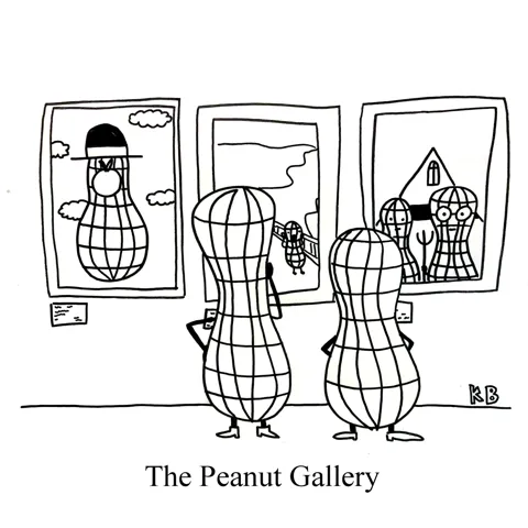 Some peanuts stand in a art gallery of peanut-themed art. 