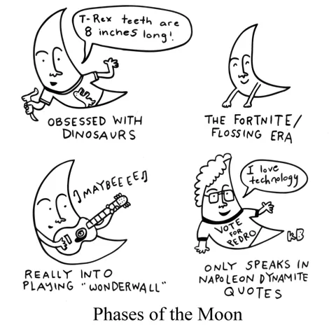 In this pun on phases of the moon, we see some developmental phases of the moon. We see the obsessed with dinosaurs phase, the Fortnite/flossing era, being really into playing Oasis's Wonderwall on guitar, and only speaking in Napoleon Dynamite quotes