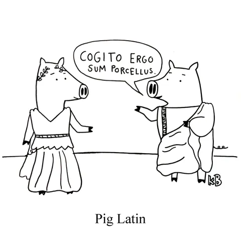 In this pun on pig latin, two toga-clad pigs speak Latin. 