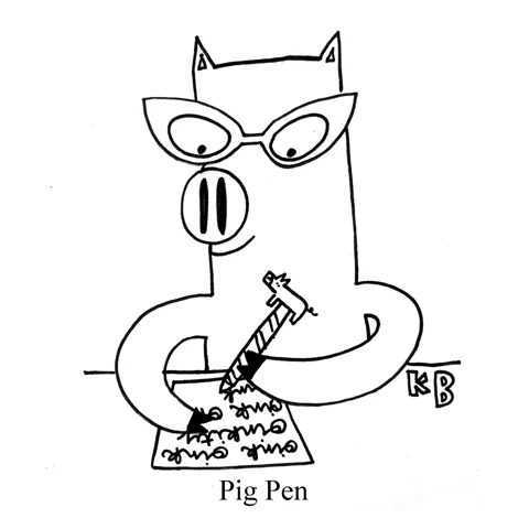 In this pun on pig pen, we see a pig using a pen with a little pig eraser on the end to write a letter to a friend. The letter just says, "Oink oink oink oink."
