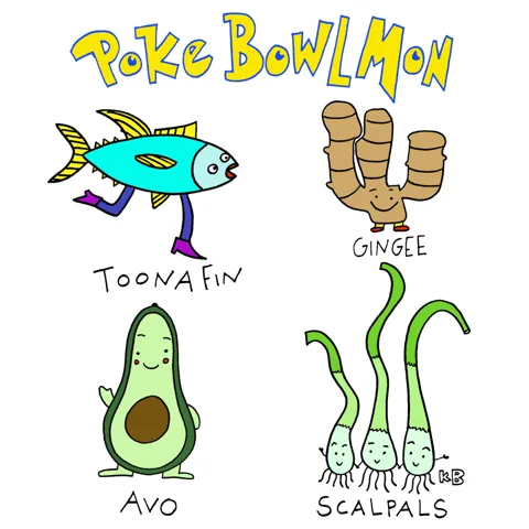 Four Pokemon characters who are all ingredients from poke bowls - Toonafin the Tuna, Gingee the ginger root, Avo the Avocado, and the ScalPals, a group of scallions. 