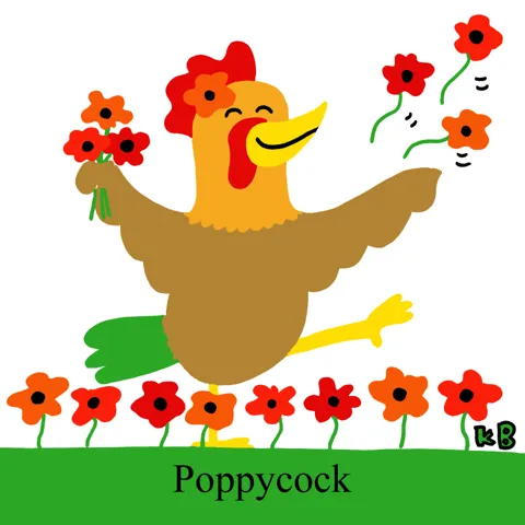 A chicken frolics amongst the poppies. 