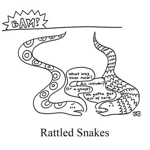 In this pun on rattle snakes, we see rattled snakes - two snakes so nervous that they are scared by any noise, jumping to the conclusion that it must be an intruder or ghost and they must flee. This is very relatable.
