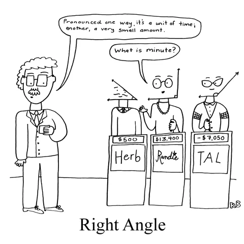 In this math pun on right angle, we see three Jeopardy contests (all angles - acute, right, obtuse). The host asks a question, and the right angle answers correctly. So, it is once again a right angle. 