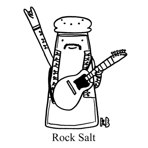 In this pun on ingredient rock salt, we see rock salt, i.e. a salt shaker in a cool jacket with an electric guitar that clearly is a rock-n-roll star. 