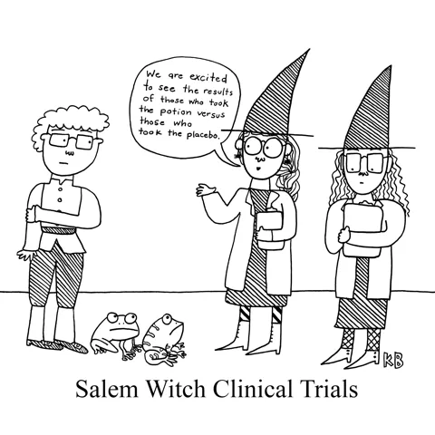In this play on the Salem Witch Trials, we see the Salem Witch clinical trials- two witch scientists celebrating the end of the study in which some participants got placebos, and some got real potions. They address the participants - a man and two frogs.