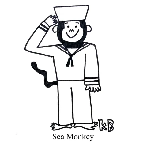 In this pun on sea monkey, we see a monkey in a white sailer suit, ready to set sail for the seven seas. Aye aye! 
