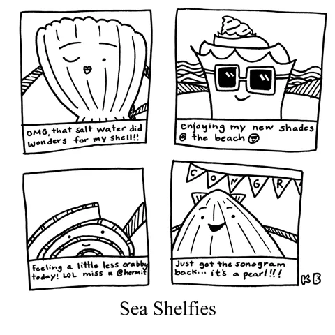 In this pun on selfies, we see 4 sea shelfies - i.e. selfies taken by sea shells. The captions of each are: "OMG that salt water did wonders for my shell!" "Enjoying my new shades @ the beach." "Feeling a little less crabby today!" "It's a pearl!" 