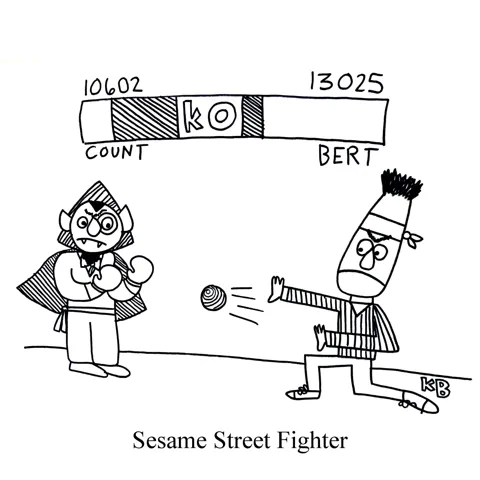 In this mashup of preschool television show Sesame Street and vintage arcade game Street Fighter, the Count and Bert fight it out street fighter-style. 