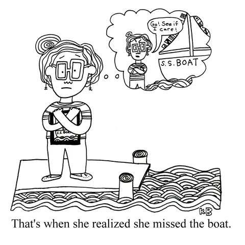 In this pun on "She missed the boat," we see a person standing on a dock near the empty ocean, clutching a photograph of her boat, S. S. Boat, remembering when she told her boat, "Go, see if I care!" But in this moment, she misses it. 