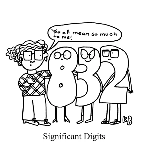 In this pun on the math and science term significant digits (sometimes significant figures), we see a person hugging three numbers, telling them they mean so much to her.