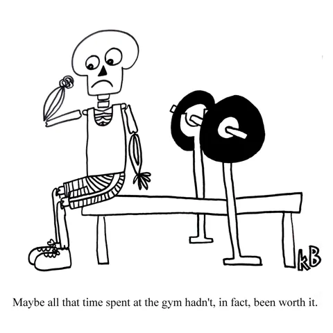A gym-goer looks at his muscles while he sits at the end of some gym equipment. But there is no muscle, which makes him sad. This is because he is just a skeleton. 