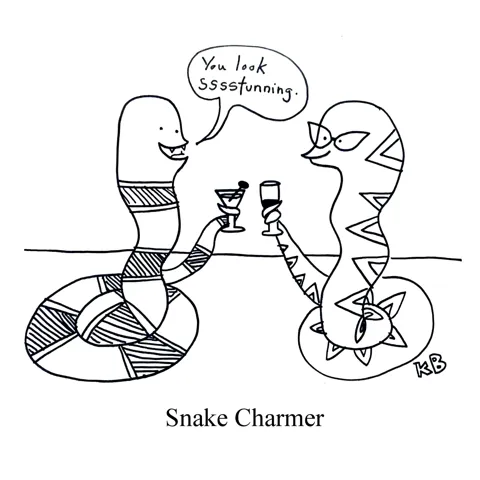 In this pun on snake charmer, we see a charming snake courting another snake, saying "You look ssssstunning!" 