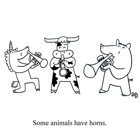 Three animals with horns-- a unicorn, a Texas longhorn cow, and a rhino-- play the horns (an assortment of brass instruments).