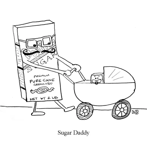 In this pun on sugar daddy, we see a box of domino sugar, who is also a dad, push his baby in a stroller. 