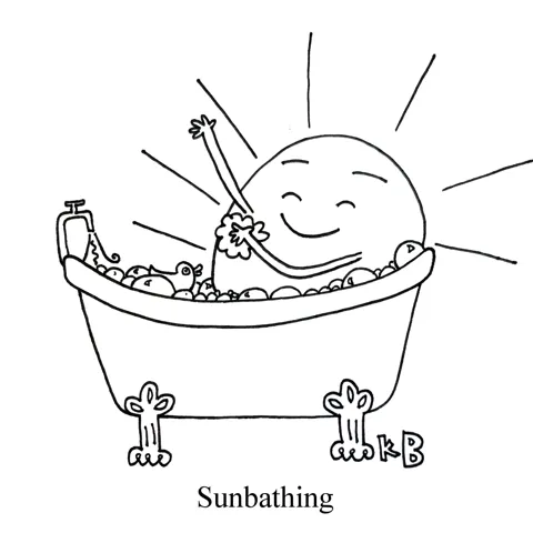 In this pun on sunbathing, we see a sun taking a sudsy bath with its rubber ducky. 