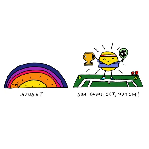 In this comparison pun cartoon, we see a sunset vs. a sun game, set, match (which is a sun who has just won a tennis trophy)