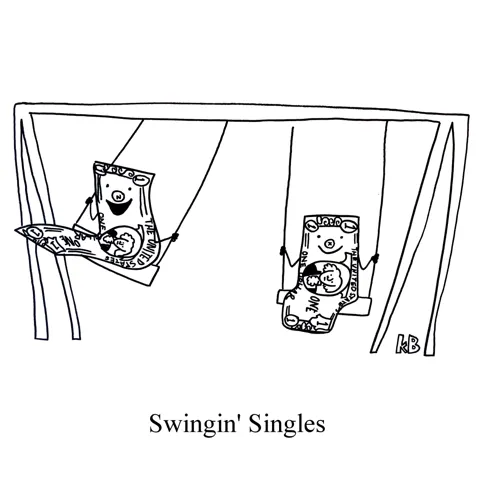 In this pun a swingin' singles, we see two singles (one dollar bills) swinging on a swing set. 